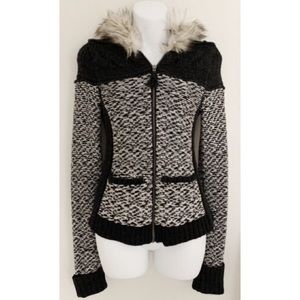 Anthropologie sweater with faux fur trimmed hood